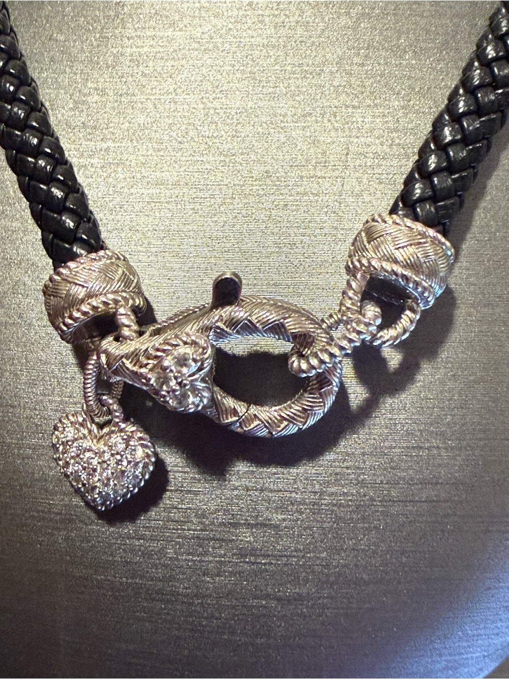 JUDITH RIPKA STERLING SILVER 925 VERONA CZ HEART CHARM NECKLACE 18" BLACK CORD